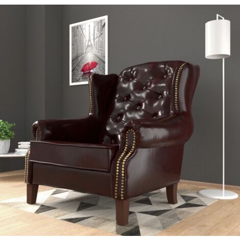 Chesterfield Ohrensessel Max aus Rotbraun veganem Leder