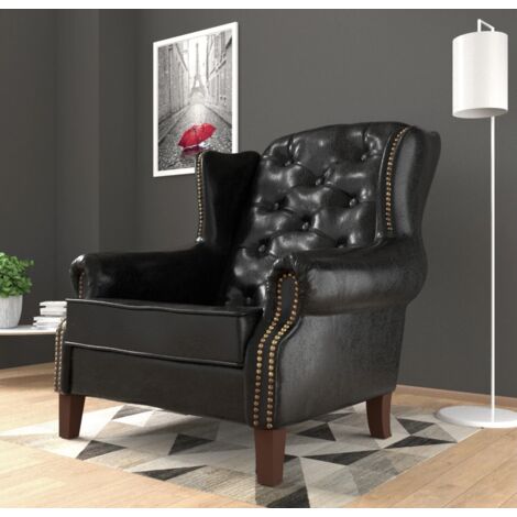 Chesterfield Ohrensessel Max aus Schwarz veganem Leder