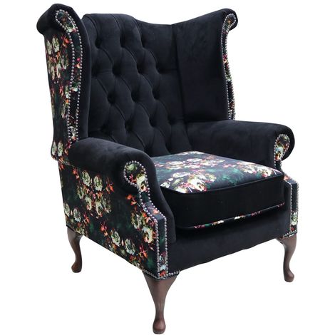 main image of "Chesterfield Queen Anne High Back Wing Chair Floral Black Velvet"