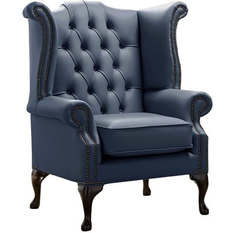 main image of "Chesterfield Queen Anne High Back Wing Chair Shelly Suffolk Blue Leather"