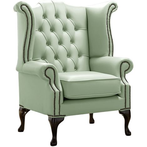 main image of "Chesterfield Queen Anne High Back Wing Chair Shelly Thyme Green Leather"