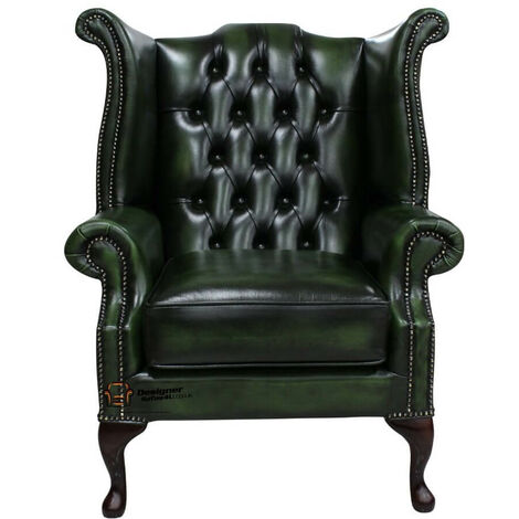 Chesterfield Queen Anne Wing Chair Antique Green Leather