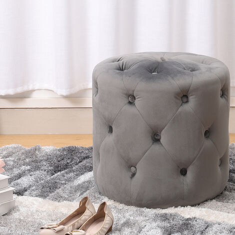 Chesterfield Round Buttoned Tufted Velvet Ottoman Stool, Grey