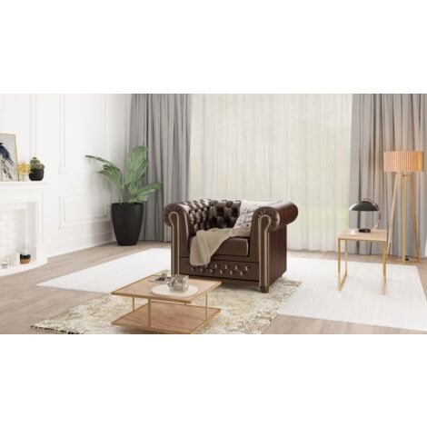 Chesterfield Sessel aus Braun veganem Leder - Lukas