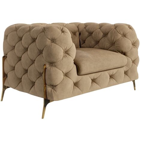 Chesterfield Sessel Willow mit Goldene Metall Füßen, Beige Samt