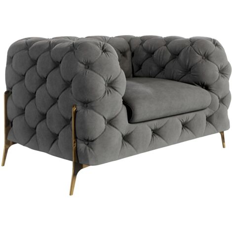 Chesterfield Sessel Willow mit Goldene Metall Füßen, Grau Samt