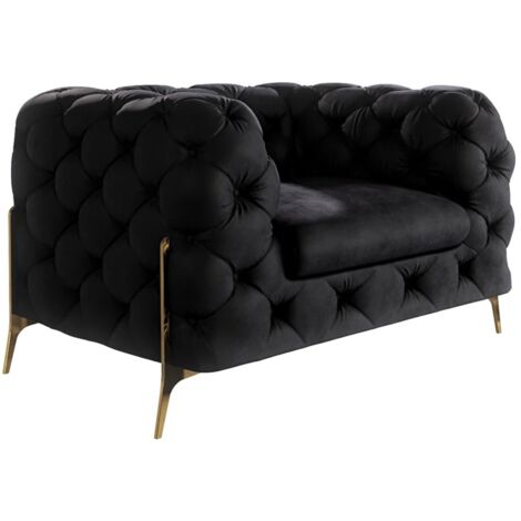 Chesterfield Sessel Willow mit Goldene Metall Füßen, Schwarz Samt