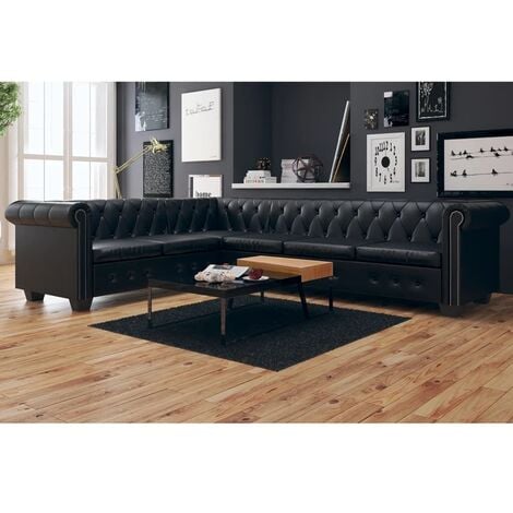 Chesterfield Singing SOFA 6 Lugares de cuero artificial negro