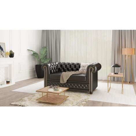 S-STYLE MÖBEL Chesterfield Sofa 2-Sitzer aus Schwarz veganem Leder - Lukas