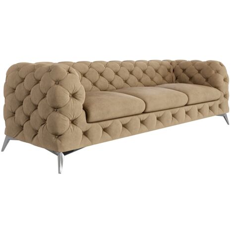 Chesterfield Sofa 3-Sitzer River mit Metall Füßen, Beige Samt