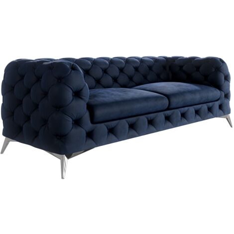 Chesterfield Sofa 3-Sitzer River mit Metall Füßen, Blau Samt