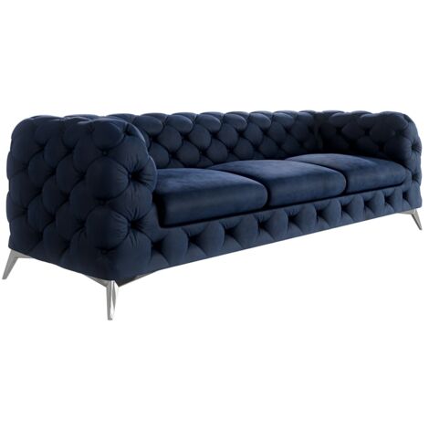 Chesterfield Sofa 3-Sitzer River mit Metall Füßen, Blau Samt
