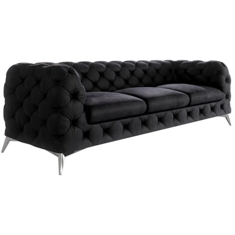 Chesterfield Sofa 3-Sitzer River mit Metall Füßen, Schwarz Samt