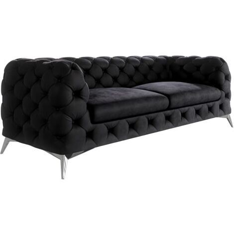 Chesterfield Sofa 3-Sitzer River mit Metall Füßen, Schwarz Samt