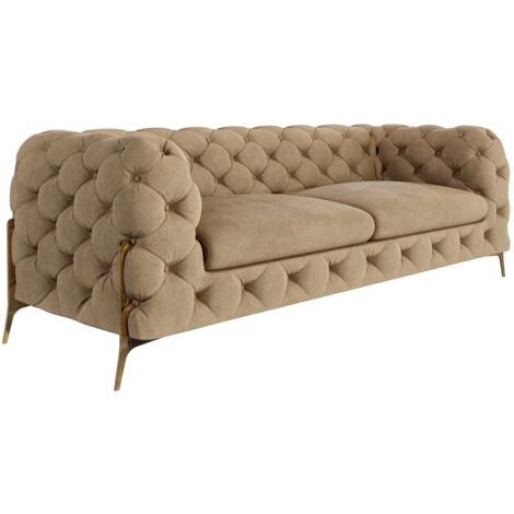 Chesterfield Sofa 3-Sitzer Willow mit Metall Füßen, Beige Samt
