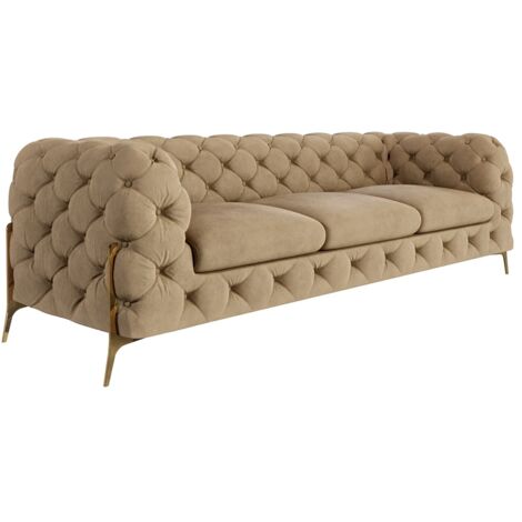Chesterfield Sofa 3-Sitzer Willow mit Metall Füßen, Beige Samt