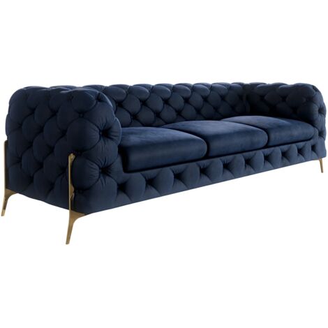 Chesterfield Sofa 3-Sitzer Willow mit Metall Füßen, Blau Samt