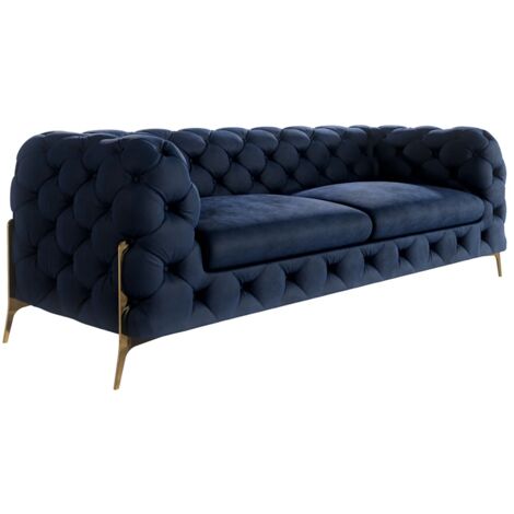 Chesterfield Sofa 3-Sitzer Willow mit Metall Füßen, Blau Samt