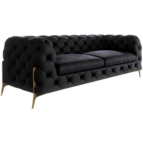 Chesterfield Sofa 3-Sitzer Willow mit Metall Füßen, Schwarz Samt