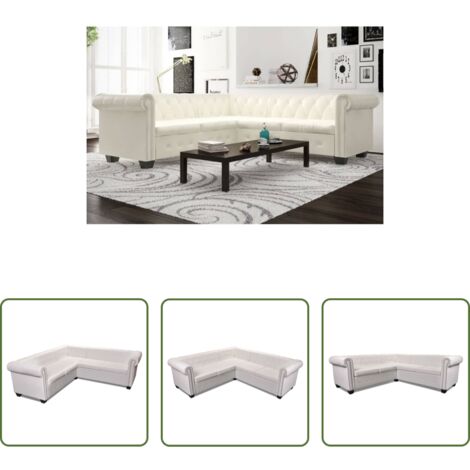 Chesterfield -  Sofá de esquina Chesterfield 5 plazas cuero artificial blanco