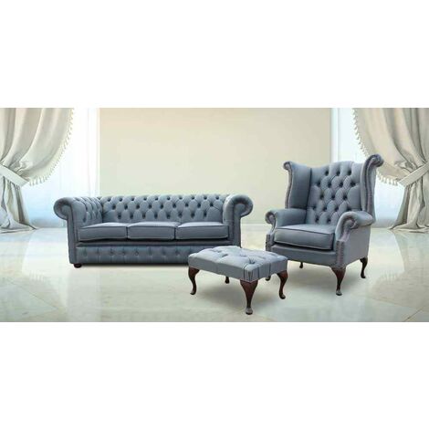 Chesterfield Soft Vele Iron Grey Leather Sofa Offer 3+1+ Footstool