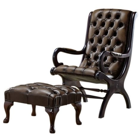 main image of "Chesterfield York Slipper Stand Armchair Antique Brown Leather + Footstool"