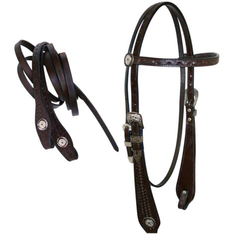 chestnut rosso - Bridon western Triple S en cuir américain à larges entretoises et décorations de basket, complet avec rênes