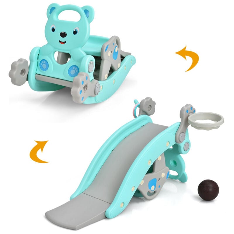 Cheval à bascule avec toboggan 4 en 1panier de basket et jeu de lancer d'anneau siège amovible pour enfant 3+ ans bleu - Bleu