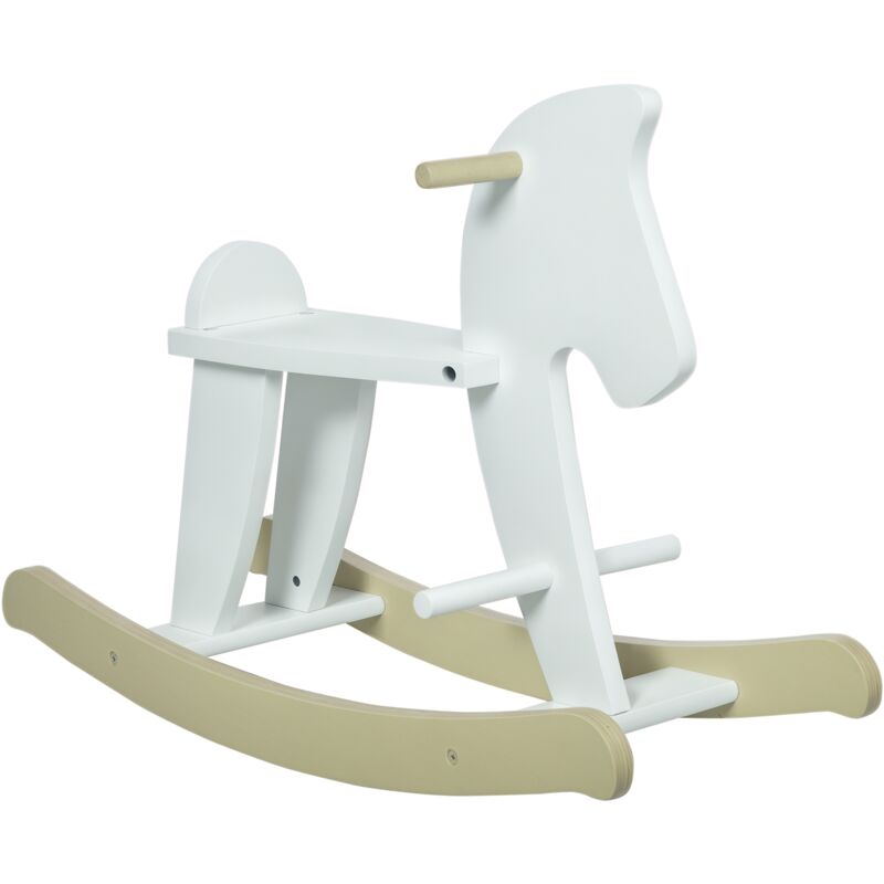Cheval à Bascule Bois Naturel - Jeu d'Équilibre Enfant avec Poignées et Repose-Pieds - Blanc et Bois - Jouet Bascule Sécurisé