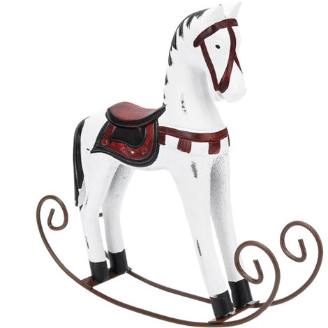 Cheval à bascule en bois peint à la main, décoration de table cadeau pour enfants (Blanc)