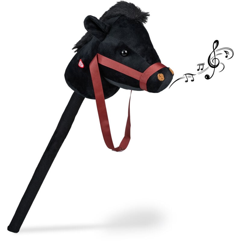 Relaxdays - Cheval à bâton, tête de cheval, effet sonore, en peluche et plastique, 68 cm, jouet enfants, noir
