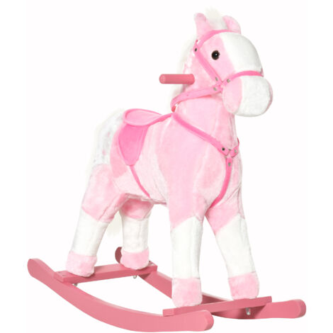 Cheval bascule peluche doux 3-6 ans, sons hennissement, 74x28x65 cm, rose