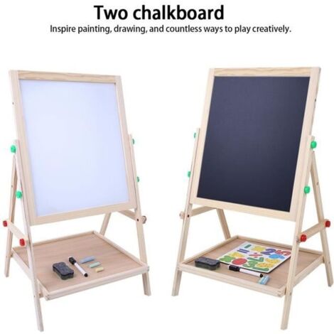 Chevalet d\'art 2 en 1 - Tableau noir et tableau blanc magnétique, planche à dessin en bois pour enfants -CWU
