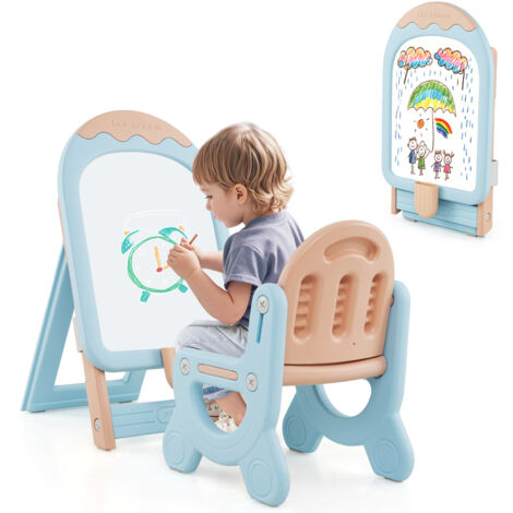 Chevalet d'Art pour Enfants avec Chaise, Réglable en Hauteur et Pliable, Tableau Blanc et Boîte de Rangement, Gomme, Marqueur, Aimants, Bleu