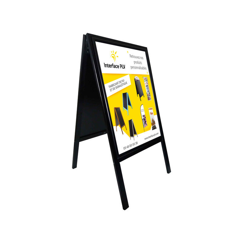 Chevalet stop trottoir bois noir avec porte affiche alu format A1 - Dimensions 126 x 67,5 cm