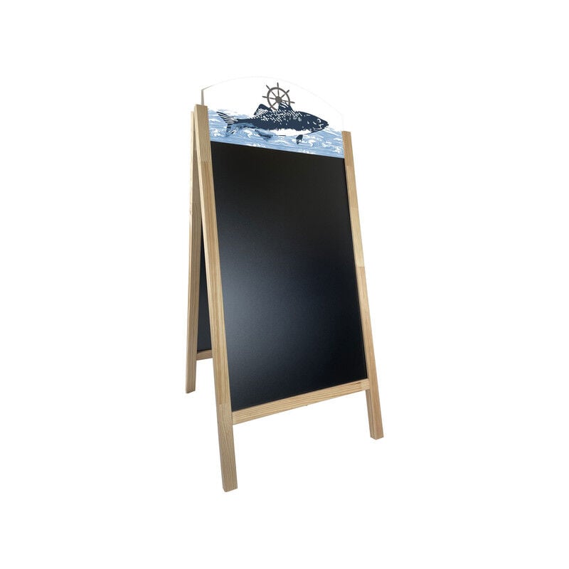 Chevalet stop trottoir cadre bois brut avec ardoises amovibles et bandeaux 'poissonnerie'