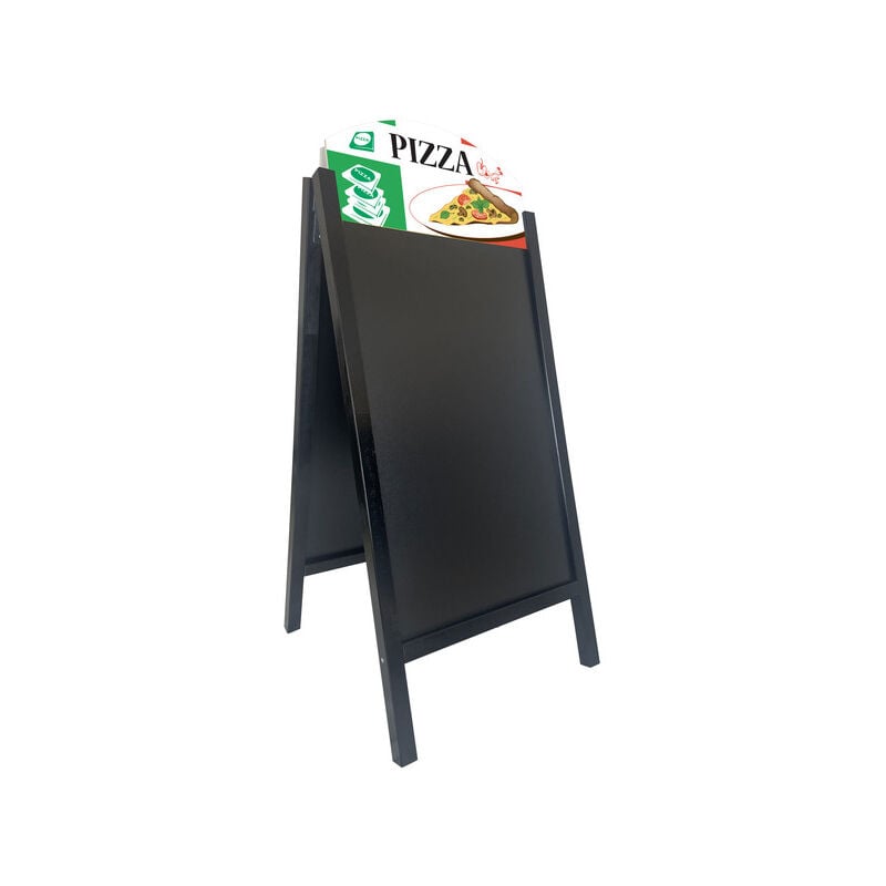 Chevalet stop trottoir cadre bois noir avec ardoises amovibles et bandeaux modèle 'pizza'