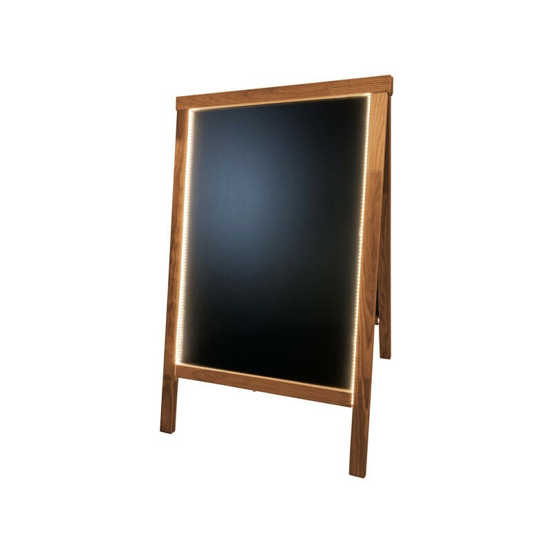Chevalet stop trottoir bois couleur chêne de dimensions 90 x 55 cm avec éclairage led et batterie 9 800 mAh