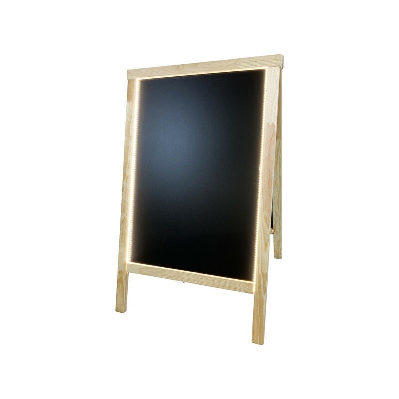 Chevalet stop trottoir bois couleur pin naturel de dimensions 90 x 55 cm avec éclairage led et batterie 9 800 mAh