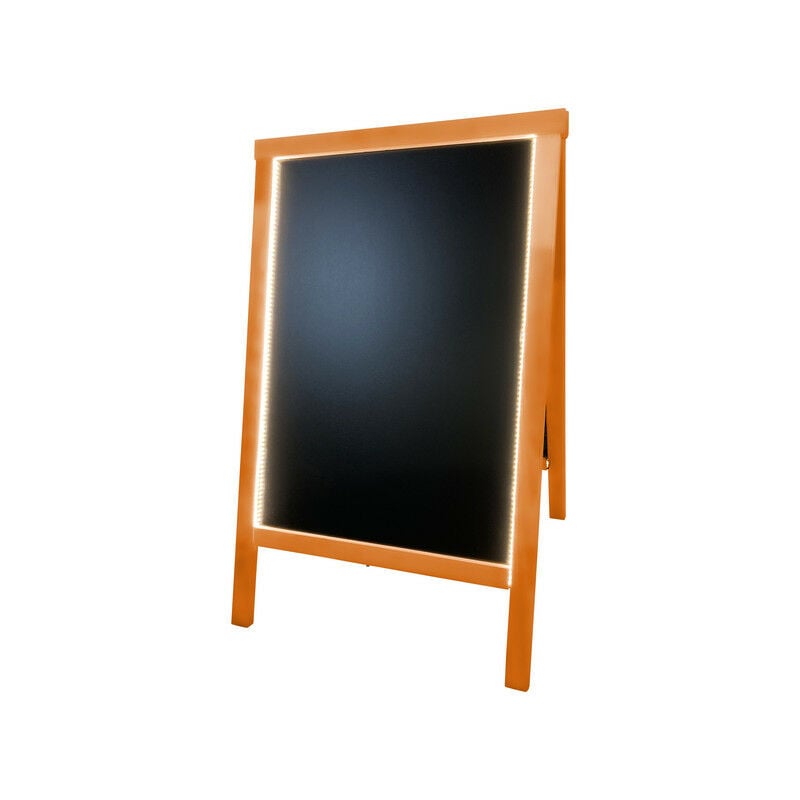 Chevalet stop trottoir bois couleur orange de dimensions 90 x 55 cm avec éclairage led et batterie 9 800 mAh