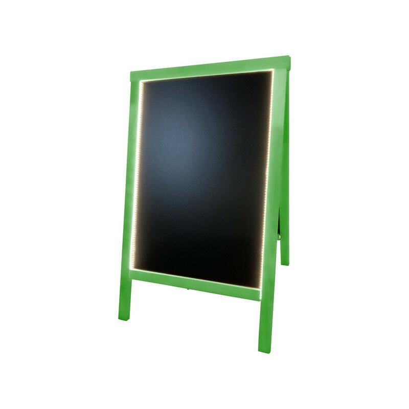 Chevalet stop trottoir bois couleur vert de dimensions 90 x 55 cm avec éclairage led et batterie 9 800 mAh