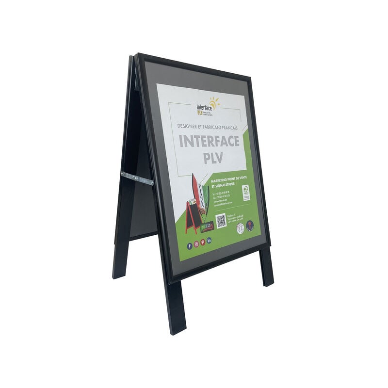 Chevalet stop trottoir bois noir avec porte affiche alu format A2 - Dimensions 78 x 45 cm