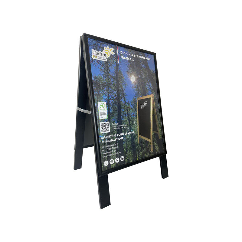 Chevalet stop trottoir bois noir avec porte affiche alu format A1 - Dimensions 106 x 62 cm