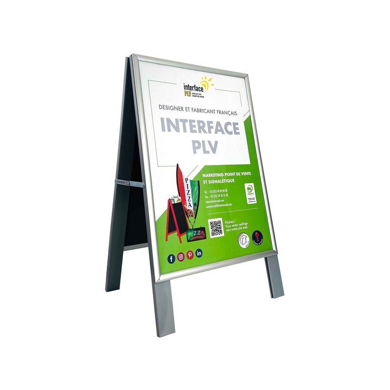 Chevalet stop trottoir bois gris avec porte affiche alu format A1 - Dimensions 106 x 62 cm