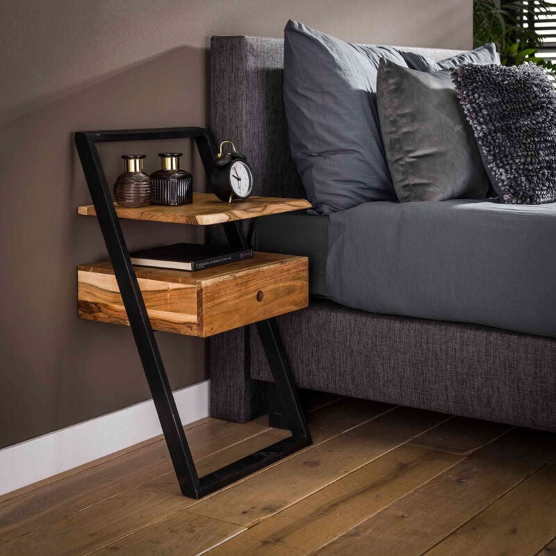 M&s - Chevet 1 tiroir 45x35x77 cm en acacia et métal naturel et noir