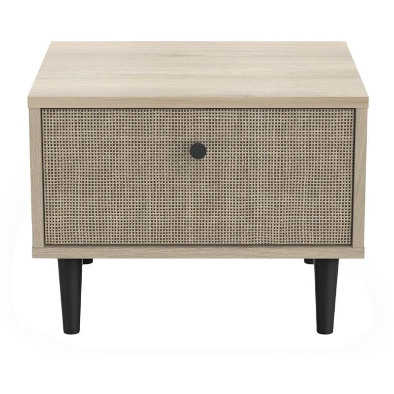 Chevet 1 Tiroir décor Chêne - Impression Rotin et Noir Mat L44,6 cm - Saïgon - Calicosy