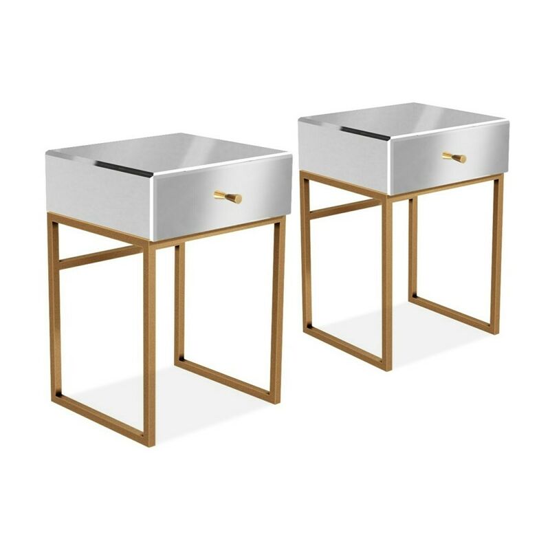 Meubler Design - Lot De Deux Table De Chevet Miroir Pied Or Mirabel, Verre, Miroir, Rectangulaire, Style Baroque, 44 x 40 x 63.5 cm - Gris / Doré
