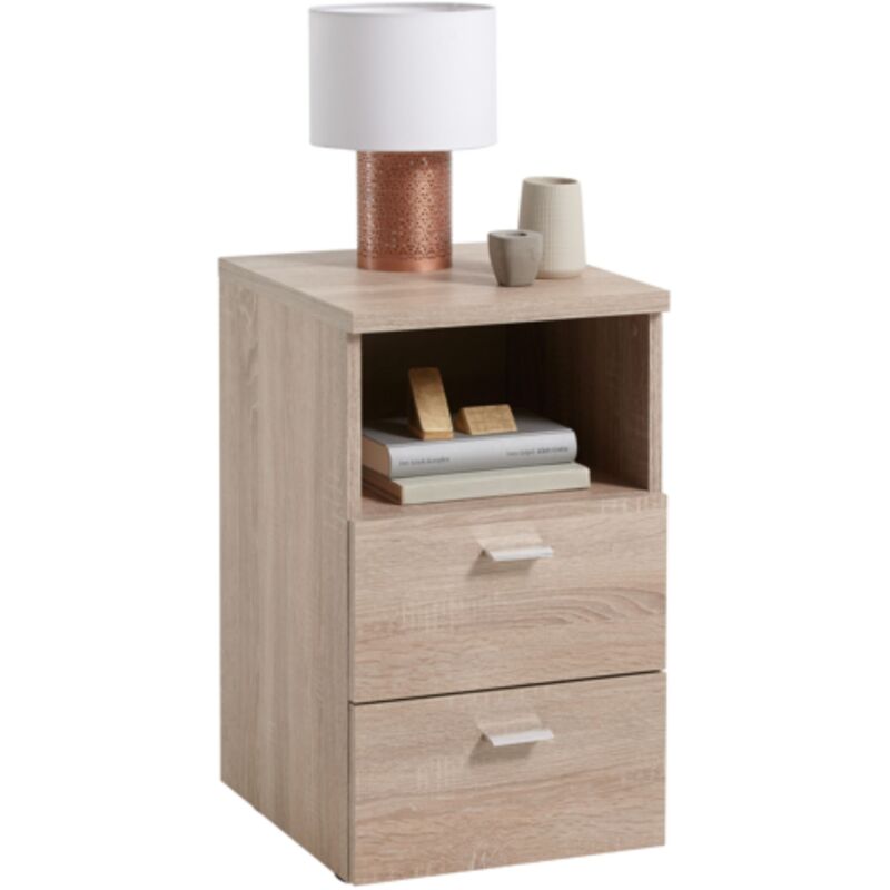 Terre De Nuit - Chevet 2 tiroirs + 1 niche en bois imitation chêne clair - CH13024