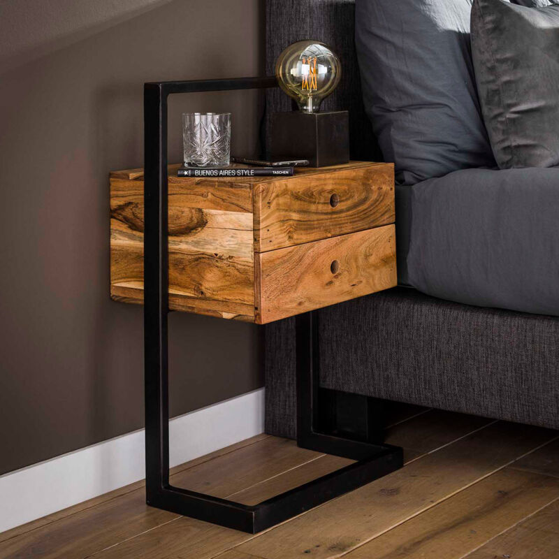 Chevet 2 tiroirs 45x35x77 cm en acacia et métal