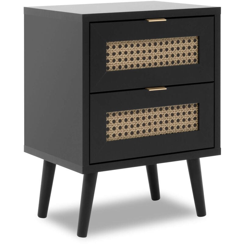 Terre De Nuit - Chevet 2 tiroirs en bois noir impression cannage - CH7072